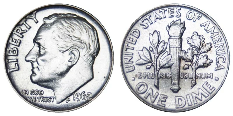 1962 Roosevelt silver dime obverse and reverse showing Roosevelt portrait and torch design