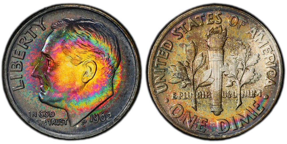 Comparison of 1962 Roosevelt dime reverse showing typical weak torch bands (left) versus Full Bands designation quality (right)