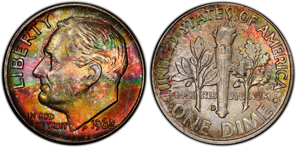 1962-D Roosevelt dime reverse showing Full Bands torch with clearly separated upper and lower band pairs