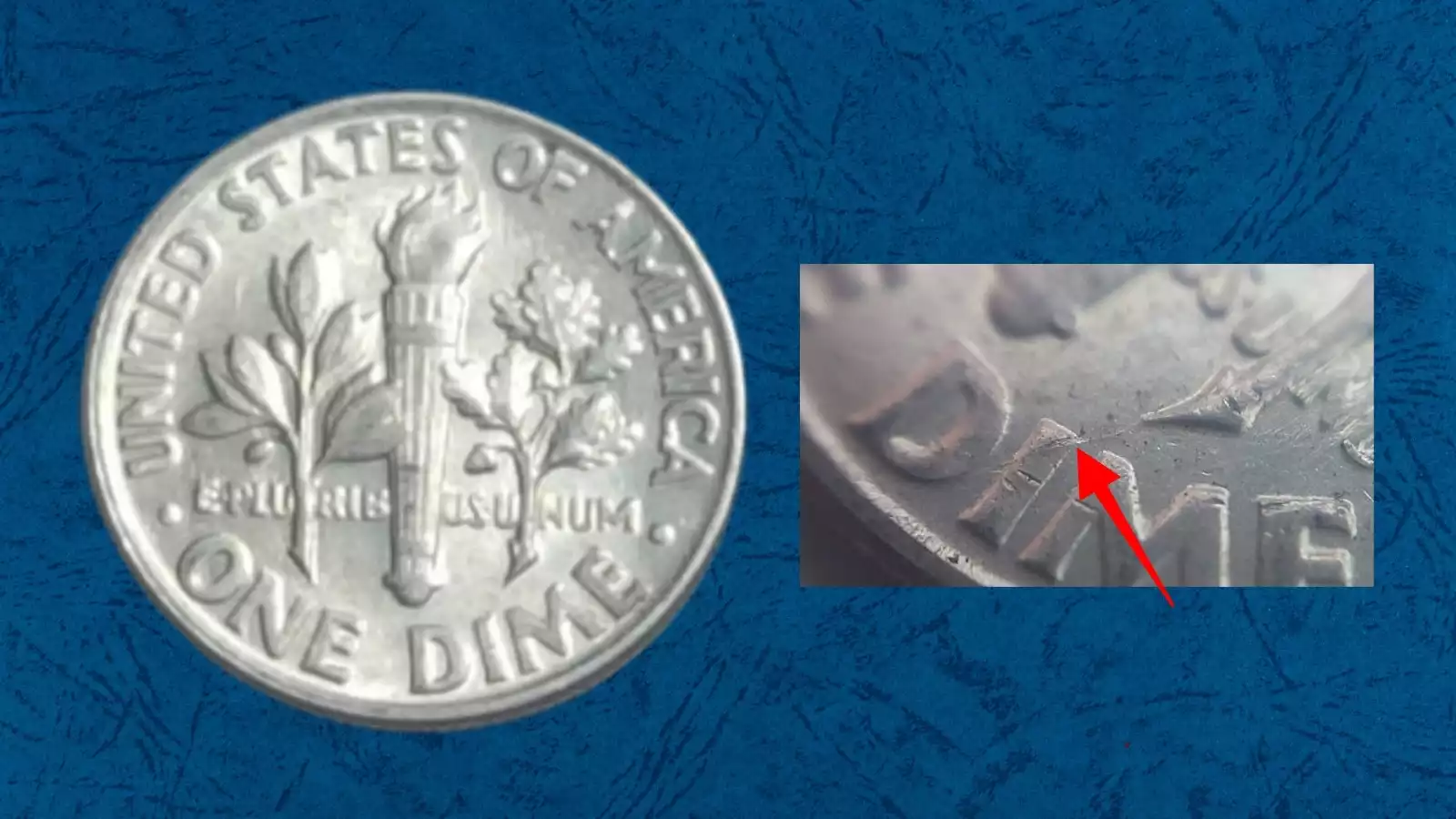 1962 Roosevelt dime die crack error showing raised crack line across portrait or lettering