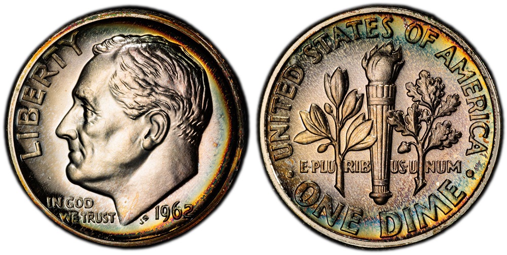 1962 Roosevelt dime grading strip showing four coins from worn to gem uncirculated condition